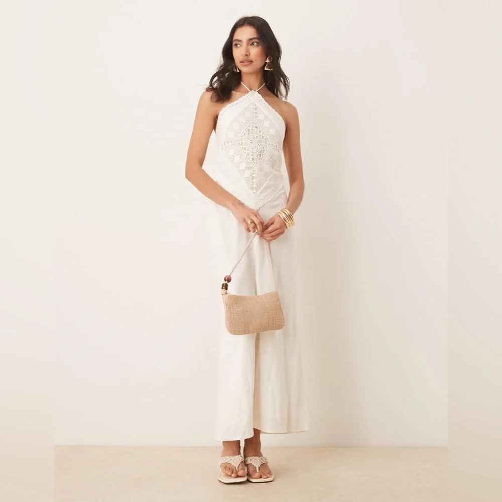 Abercrombie & Fitch Ivory Crochet Halter Maxi Dress